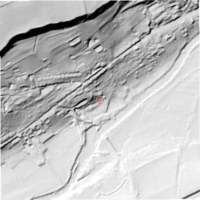 Shaded relief map of the ground around BA17DG, computed from Environment Agency LiDAR. The ground here sits at about 25 m above sea level and falls 109 m across the surrounding 800 m. Surface water reaching this point runs off ground lying to the north-north-west, 21.5 m higher.