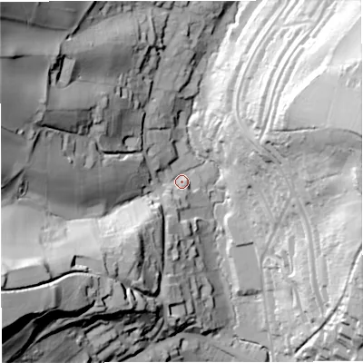Shaded relief map of the ground around BA17EP, computed from Environment Agency LiDAR. The ground here sits at about 27 m above sea level and falls 76 m across the surrounding 800 m. Surface water reaching this point runs off ground lying to the west-south-west, 68.6 m higher.