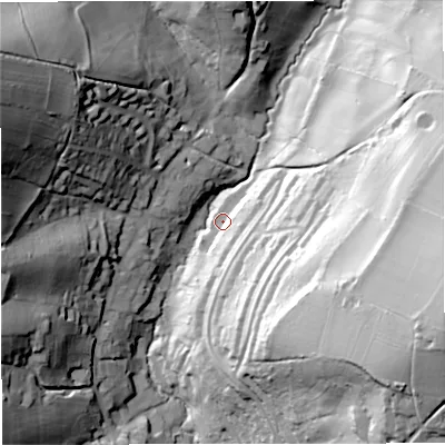 Shaded relief map of the ground around BA17HR, computed from Environment Agency LiDAR. The ground here sits at about 32 m above sea level and falls 78 m across the surrounding 800 m. Surface water reaching this point runs off ground lying to the east-south-east, 65.1 m higher.
