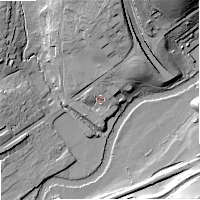 Shaded relief map of the ground around BA17HY, computed from Environment Agency LiDAR. The ground here sits at about 27 m above sea level and falls 35 m across the surrounding 800 m. Surface water reaching this point runs off ground lying to the north, 9.1 m higher.