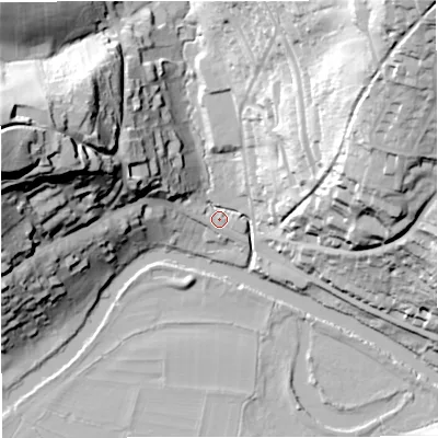 Shaded relief map of the ground around BA17NB, computed from Environment Agency LiDAR. The ground here sits at about 23 m above sea level and falls 70 m across the surrounding 800 m. Surface water reaching this point runs off ground lying to the west-north-west, 12.8 m higher.