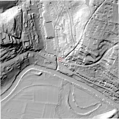 Shaded relief map of the ground around BA17NH, computed from Environment Agency LiDAR. The ground here sits at about 22 m above sea level and falls 70 m across the surrounding 800 m. Surface water reaching this point runs off ground lying to the north-east, 68.1 m higher.