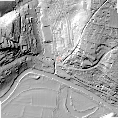 Shaded relief map of the ground around BA17NN, computed from Environment Agency LiDAR. The ground here sits at about 25 m above sea level and falls 72 m across the surrounding 800 m. Surface water reaching this point runs off ground lying to the east-north-east, 22.8 m higher.