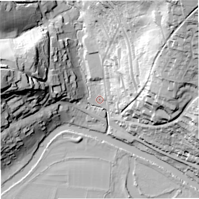 Shaded relief map of the ground around BA17NP, computed from Environment Agency LiDAR. The ground here sits at about 22 m above sea level and falls 74 m across the surrounding 800 m. Surface water reaching this point runs off ground lying to the north-east, 72.1 m higher.
