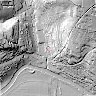 Shaded relief map of the ground around BA17NW, computed from Environment Agency LiDAR. The ground here sits at about 26 m above sea level and falls 79 m across the surrounding 800 m. Surface water reaching this point runs off ground lying to the east-north-east, 20.2 m higher.