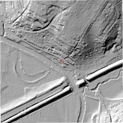 Shaded relief map of the ground around BA17RB, computed from Environment Agency LiDAR. The ground here sits at about 26 m above sea level and falls 52 m across the surrounding 800 m. Surface water reaching this point runs off ground lying to the north-north-east, 19.4 m higher.