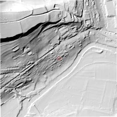 Shaded relief map of the ground around BA17RE, computed from Environment Agency LiDAR. The ground here sits at about 32 m above sea level and falls 99 m across the surrounding 800 m. Surface water reaching this point runs off ground lying to the north-west, 14.4 m higher.