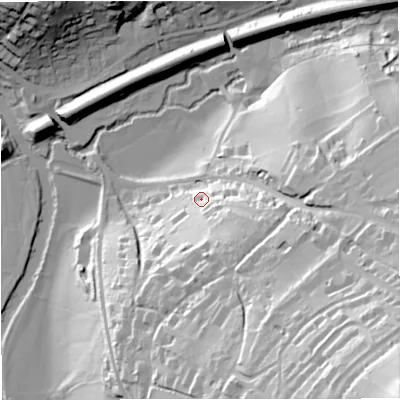 Shaded relief map of the ground around BA17SL, computed from Environment Agency LiDAR. The ground here sits at about 38 m above sea level and falls 93 m across the surrounding 800 m. Surface water reaching this point runs off ground lying to the south-east, 25.9 m higher.