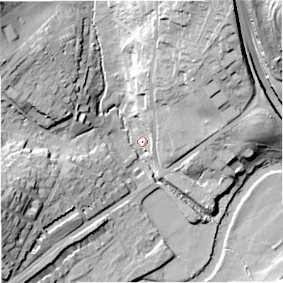 Shaded relief map of the ground around BA18AZ, computed from Environment Agency LiDAR. The ground here sits at about 23 m above sea level and falls 40 m across the surrounding 800 m. Surface water reaching this point runs off ground lying to the north-north-east, 8.4 m higher.