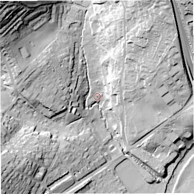 Shaded relief map of the ground around BA18BD, computed from Environment Agency LiDAR. The ground here sits at about 25 m above sea level and falls 55 m across the surrounding 800 m. Surface water reaching this point runs off ground lying to the north-west, 50.0 m higher.