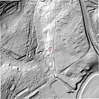 Shaded relief map of the ground around BA18BE, computed from Environment Agency LiDAR. The ground here sits at about 29 m above sea level and falls 48 m across the surrounding 800 m. Surface water reaching this point runs off ground lying to the east-south-east, 4.1 m higher.