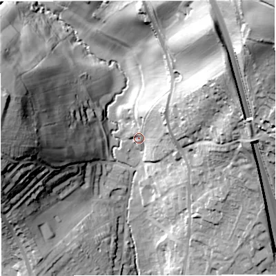 Shaded relief map of the ground around BA18DE, computed from Environment Agency LiDAR. The ground here sits at about 33 m above sea level and falls 97 m across the surrounding 800 m. Surface water reaching this point runs off ground lying to the north-east, 18.8 m higher.