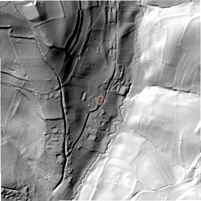 Shaded relief map of the ground around BA18ES, computed from Environment Agency LiDAR. The ground here sits at about 47 m above sea level and falls 108 m across the surrounding 800 m. Surface water reaching this point runs off ground lying to the west-north-west, 44.3 m higher.