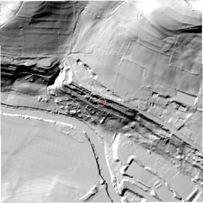 Shaded relief map of the ground around BA19AB, computed from Environment Agency LiDAR. The ground here sits at about 52 m above sea level and falls 122 m across the surrounding 800 m. Surface water reaching this point runs off ground lying to the north-north-east, 17.0 m higher.
