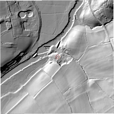 Shaded relief map of the ground around BA19AL, computed from Environment Agency LiDAR. The ground here sits at about 16 m above sea level and falls 40 m across the surrounding 800 m. Surface water reaching this point runs off ground lying to the south, 5.8 m higher.