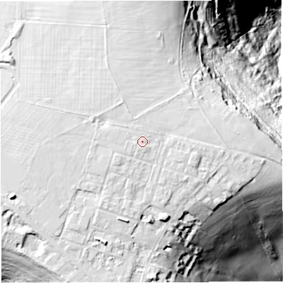 Shaded relief map of the ground around BA19DZ, computed from Environment Agency LiDAR. The ground here sits at about 229 m above sea level and falls 116 m across the surrounding 800 m. Surface water reaching this point runs off ground lying to the west-south-west, 1.8 m higher.