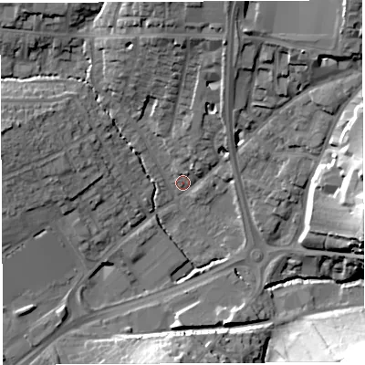 Shaded relief map of the ground around BA201AN, computed from Environment Agency LiDAR. The ground here sits at about 37 m above sea level and falls 38 m across the surrounding 800 m. Surface water reaching this point runs off ground lying to the north-north-east, 19.6 m higher.