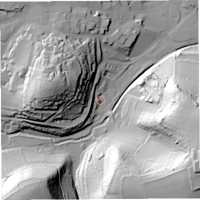 Shaded relief map of the ground around BA201DP, computed from Environment Agency LiDAR. The ground here sits at about 35 m above sea level and falls 79 m across the surrounding 800 m. Surface water reaching this point runs off ground lying to the west-north-west, 45.7 m higher.
