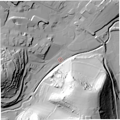 Shaded relief map of the ground around BA201EH, computed from Environment Agency LiDAR. The ground here sits at about 32 m above sea level and falls 81 m across the surrounding 800 m. Surface water reaching this point runs off ground lying to the south-east, 76.9 m higher.