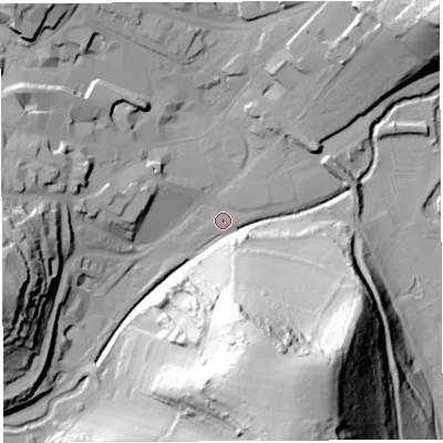 Shaded relief map of the ground around BA201EL, computed from Environment Agency LiDAR. The ground here sits at about 32 m above sea level and falls 80 m across the surrounding 800 m. Surface water reaching this point runs off ground lying to the south-south-east, 76.9 m higher.