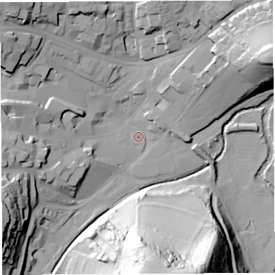 Shaded relief map of the ground around BA201FA, computed from Environment Agency LiDAR. The ground here sits at about 32 m above sea level and falls 73 m across the surrounding 800 m. Surface water reaching this point runs off ground lying to the south-south-east, 72.0 m higher.
