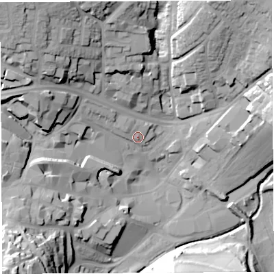 Shaded relief map of the ground around BA201JL, computed from Environment Agency LiDAR. The ground here sits at about 38 m above sea level and falls 46 m across the surrounding 800 m. Surface water reaching this point runs off ground lying to the north-west, 3.9 m higher.