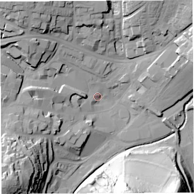 Shaded relief map of the ground around BA201LH, computed from Environment Agency LiDAR. The ground here sits at about 34 m above sea level and falls 60 m across the surrounding 800 m. Surface water reaching this point runs off ground lying to the south-west, 48.0 m higher.