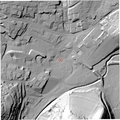 Shaded relief map of the ground around BA201LN, computed from Environment Agency LiDAR. The ground here sits at about 32 m above sea level and falls 65 m across the surrounding 800 m. Surface water reaching this point runs off ground lying to the south-west, 44.1 m higher.