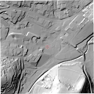 Shaded relief map of the ground around BA201LT, computed from Environment Agency LiDAR. The ground here sits at about 33 m above sea level and falls 75 m across the surrounding 800 m. Surface water reaching this point runs off ground lying to the west, 22.7 m higher.