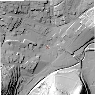 Shaded relief map of the ground around BA201LW, computed from Environment Agency LiDAR. The ground here sits at about 32 m above sea level and falls 65 m across the surrounding 800 m. Surface water reaching this point runs off ground lying to the south-west, 44.1 m higher.