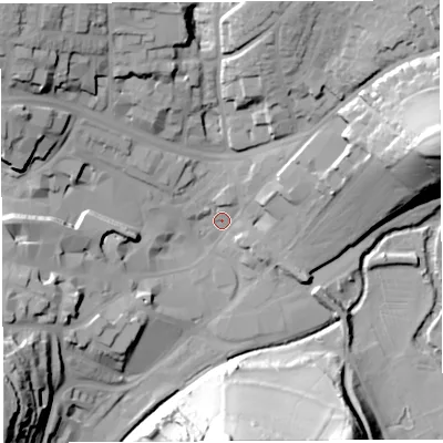 Shaded relief map of the ground around BA201NA, computed from Environment Agency LiDAR. The ground here sits at about 32 m above sea level and falls 49 m across the surrounding 800 m. Surface water reaching this point runs off ground lying to the south-west, 37.1 m higher.