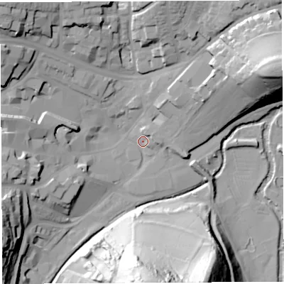 Shaded relief map of the ground around BA201NB, computed from Environment Agency LiDAR. The ground here sits at about 32 m above sea level and falls 68 m across the surrounding 800 m. Surface water reaching this point runs off ground lying to the east-north-east, 43.1 m higher.