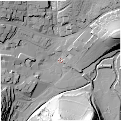 Shaded relief map of the ground around BA201NE, computed from Environment Agency LiDAR. The ground here sits at about 32 m above sea level and falls 60 m across the surrounding 800 m. Surface water reaching this point runs off ground lying to the east-north-east, 43.1 m higher.