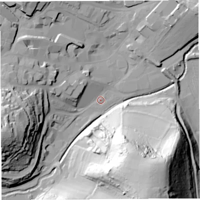 Shaded relief map of the ground around BA201NL, computed from Environment Agency LiDAR. The ground here sits at about 32 m above sea level and falls 80 m across the surrounding 800 m. Surface water reaching this point runs off ground lying to the west-south-west, 47.0 m higher.
