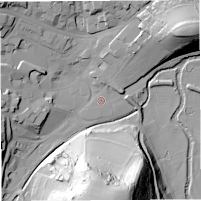 Shaded relief map of the ground around BA201NP, computed from Environment Agency LiDAR. The ground here sits at about 32 m above sea level and falls 78 m across the surrounding 800 m. The ground contributing surface water to this point lies to the east-south-east.