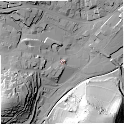 Shaded relief map of the ground around BA201NR, computed from Environment Agency LiDAR. The ground here sits at about 38 m above sea level and falls 78 m across the surrounding 800 m. Surface water reaching this point runs off ground lying to the west, 18.2 m higher.