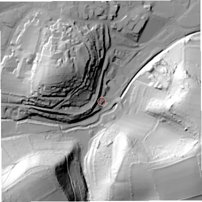 Shaded relief map of the ground around BA201QN, computed from Environment Agency LiDAR. The ground here sits at about 37 m above sea level and falls 75 m across the surrounding 800 m. Surface water reaching this point runs off ground lying to the west-north-west, 34.9 m higher.