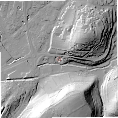 Shaded relief map of the ground around BA201QZ, computed from Environment Agency LiDAR. The ground here sits at about 38 m above sea level and falls 57 m across the surrounding 800 m. Surface water reaching this point runs off ground lying to the east-north-east, 25.4 m higher.