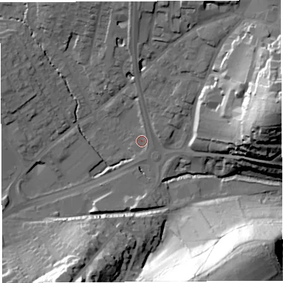 Shaded relief map of the ground around BA201SN, computed from Environment Agency LiDAR. The ground here sits at about 36 m above sea level and falls 55 m across the surrounding 800 m. Surface water reaching this point runs off ground lying to the south-south-west, 29.0 m higher.