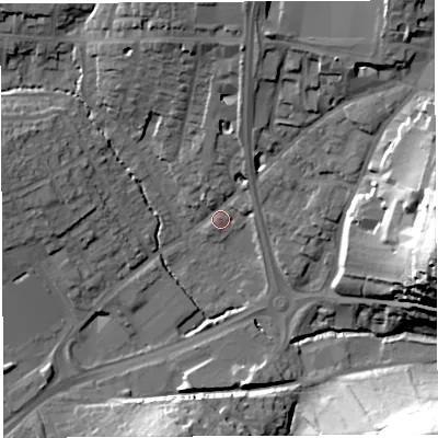 Shaded relief map of the ground around BA201XN, computed from Environment Agency LiDAR. The ground here sits at about 38 m above sea level and falls 44 m across the surrounding 800 m. Surface water reaching this point runs off ground lying to the north, 19.4 m higher.