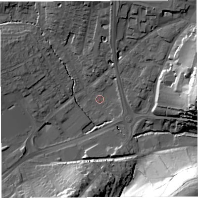 Shaded relief map of the ground around BA202AA, computed from Environment Agency LiDAR. The ground here sits at about 36 m above sea level and falls 52 m across the surrounding 800 m. Surface water reaching this point runs off ground lying to the south-west, 2.1 m higher.