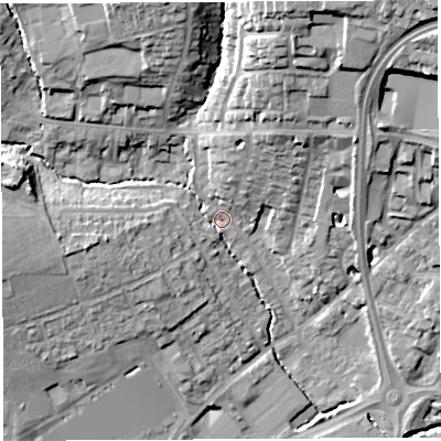 Shaded relief map of the ground around BA202AD, computed from Environment Agency LiDAR. The ground here sits at about 39 m above sea level and falls 29 m across the surrounding 800 m. Surface water reaching this point runs off ground lying to the north-north-east, 23.3 m higher.