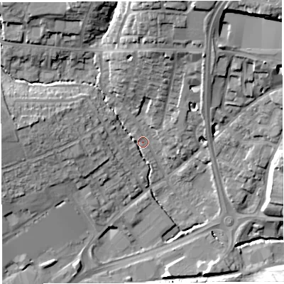 Shaded relief map of the ground around BA202AE, computed from Environment Agency LiDAR. The ground here sits at about 38 m above sea level and falls 26 m across the surrounding 800 m. Surface water reaching this point runs off ground lying to the north, 20.3 m higher.