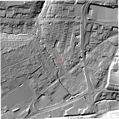 Shaded relief map of the ground around BA202AF, computed from Environment Agency LiDAR. The ground here sits at about 37 m above sea level and falls 26 m across the surrounding 800 m. Surface water reaching this point runs off ground lying to the north-north-east, 23.1 m higher.