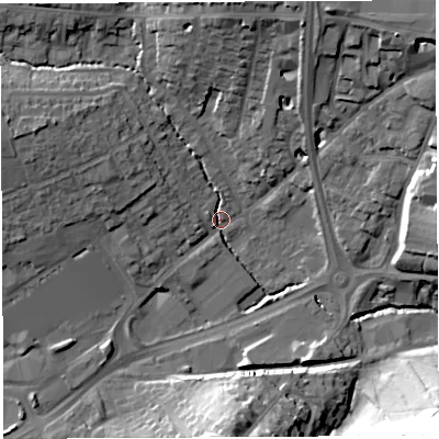 Shaded relief map of the ground around BA202AH, computed from Environment Agency LiDAR. The ground here sits at about 37 m above sea level and falls 42 m across the surrounding 800 m. Surface water reaching this point runs off ground lying to the west-north-west, 9.1 m higher.