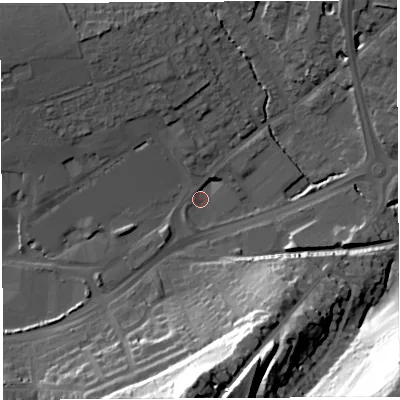 Shaded relief map of the ground around BA202AJ, computed from Environment Agency LiDAR. The ground here sits at about 37 m above sea level and falls 57 m across the surrounding 800 m. Surface water reaching this point runs off ground lying to the south, 42.0 m higher.