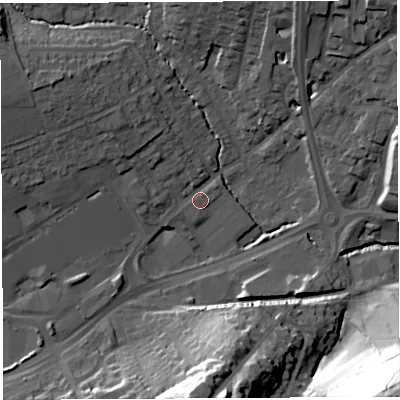 Shaded relief map of the ground around BA202AQ, computed from Environment Agency LiDAR. The ground here sits at about 38 m above sea level and falls 55 m across the surrounding 800 m. Surface water reaching this point runs off ground lying to the north-west, 7.1 m higher.
