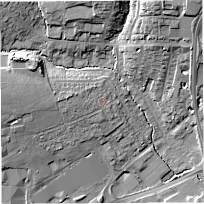 Shaded relief map of the ground around BA202AS, computed from Environment Agency LiDAR. The ground here sits at about 43 m above sea level and falls 25 m across the surrounding 800 m. Surface water reaching this point runs off ground lying to the west, 4.7 m higher.