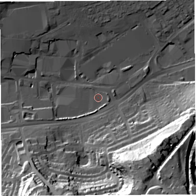 Shaded relief map of the ground around BA202AU, computed from Environment Agency LiDAR. The ground here sits at about 38 m above sea level and falls 50 m across the surrounding 800 m. Surface water reaching this point runs off ground lying to the west-south-west, 3.9 m higher.