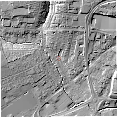 Shaded relief map of the ground around BA202AX, computed from Environment Agency LiDAR. The ground here sits at about 39 m above sea level and falls 28 m across the surrounding 800 m. Surface water reaching this point runs off ground lying to the north, 21.4 m higher.